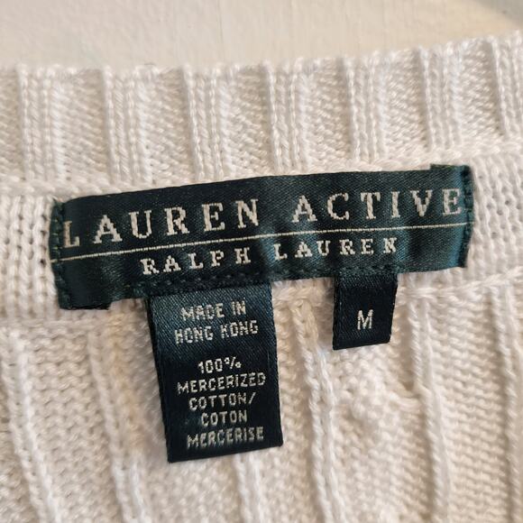 NEW Lauren Active Ralph Lauren V Neck Sweater Medium Cable White Golf w/ Crest - Picture 2 of 6